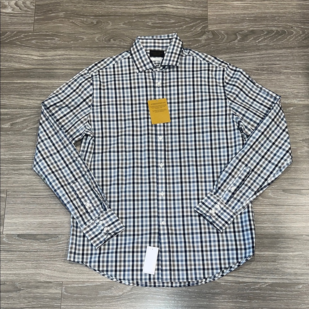 Thomas Dean Navy and White Plaid Shirt